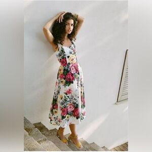 Anthropologie Amelia Floral Sleeveless Tea Length Midi Dress Pink White Black 6